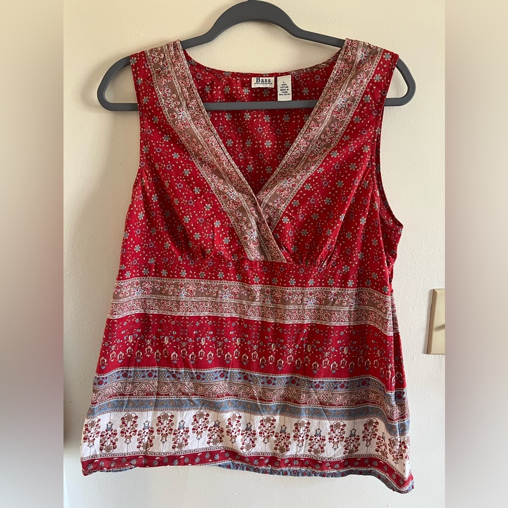 G.H Bass & Co. 100% Cotton Red Floral Block Print Shirt Sleeveless Top Large